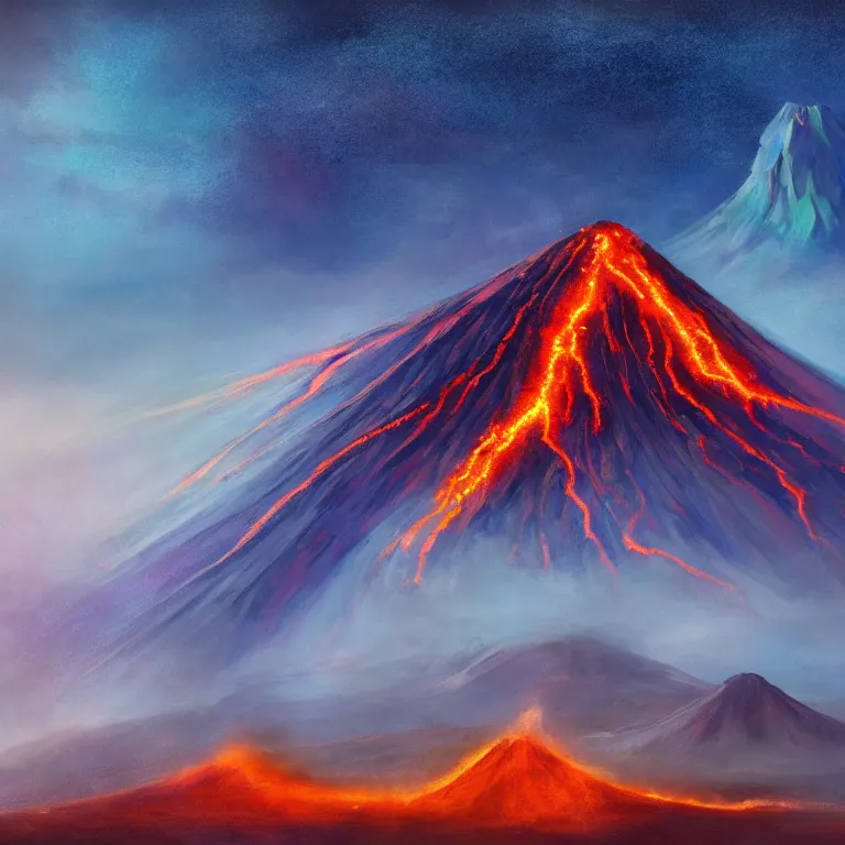 Image similar to a painting of a volcano from which come out flowers and stars exotic plants, all this happens in some kind of fantasy world, almost like in the sky or all in the amazing outdoors view, long exposure, 8 k resolution, trending on artstation