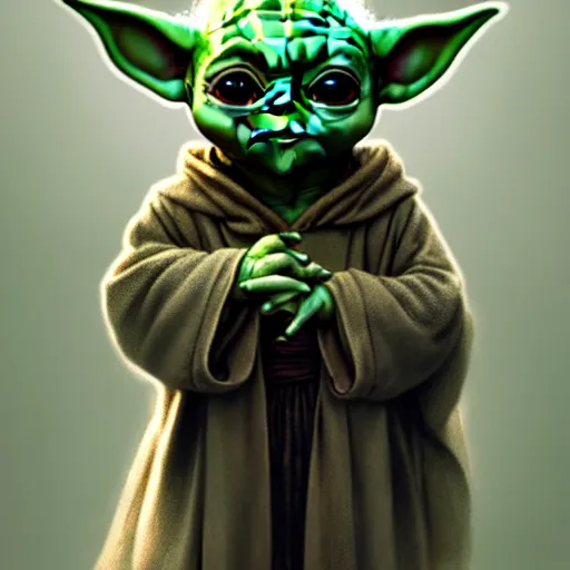 Image similar to baby yoda in the role of frodo baggins with the ring of power, intricate, elegant, highly detailed, digital painting, artstation, concept art, smooth, sharp focus, illustration, art by artgerm and greg rutkowski and alphonse mucha and william - adolphe bouguereau