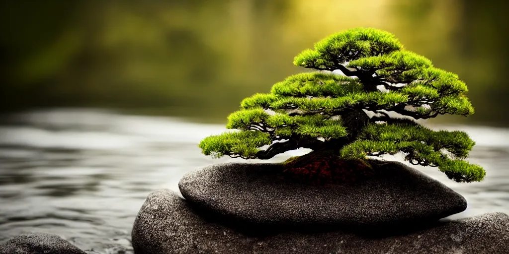 Prompt: photo bonsai cedar on a small angular rock in the water, gold hour, soft lighting, rain, medium full shot, volumetric lighting, beautiful, ultra detailed, cgsociety by leesha hannigan, 3 5 mm, fujifilm, cinematic