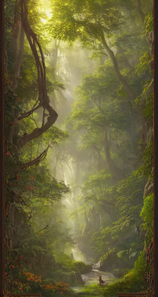 Image similar to A detailed and beautiful tarot card depicting a lush and blooming forest, by Andreas Rocha, by John Frederick Kensett, by Clive Madgwick, featured on deviant art, trending on artstation, #pixelart pixel art pixellated