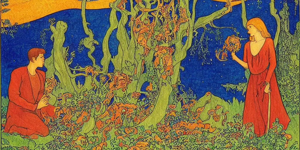 Image similar to a young couple who moved to another planet, hot weather, full growth, by Ivan Bilibin, Russian fairytales illustration