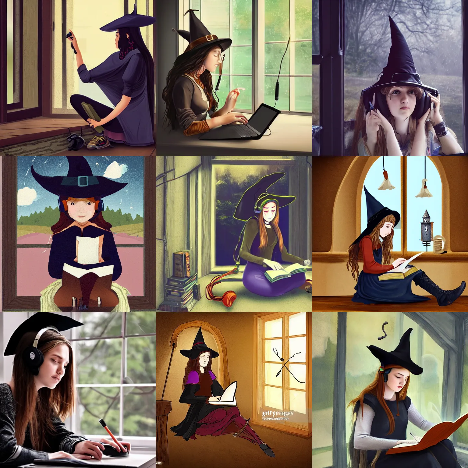 Prompt: young medieval witch girl wearing witch's hat and headphones headphones headphones sitting studying by window