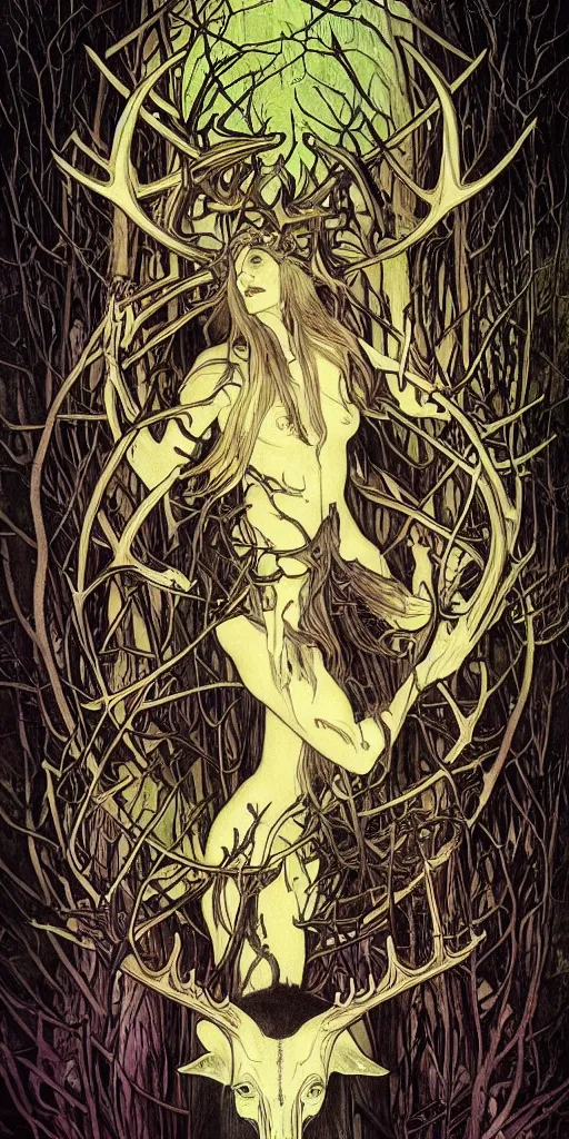 Image similar to intense glowing black metal pagan god with antlers and intense glowing eyes with a goat skull in very dark forest by karol bak and alphonse mucha, portrait, fantasy, clear, light beams, lens flare, intense, by josan gonzales and moebius, clean thick line, comics style, studio muti, malika favre, rhads, makoto