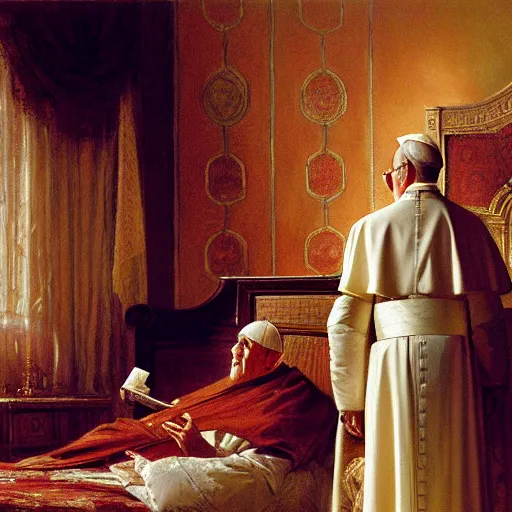 Image similar to the pope wakes up is his bed, sweating, nervous and terrified, a shadow demon lurks in the curtains of the papal bedroom. highly detailed painting by gaston bussiere, j. c. leyendecker, greg rutkowski, craig mullins 8 k