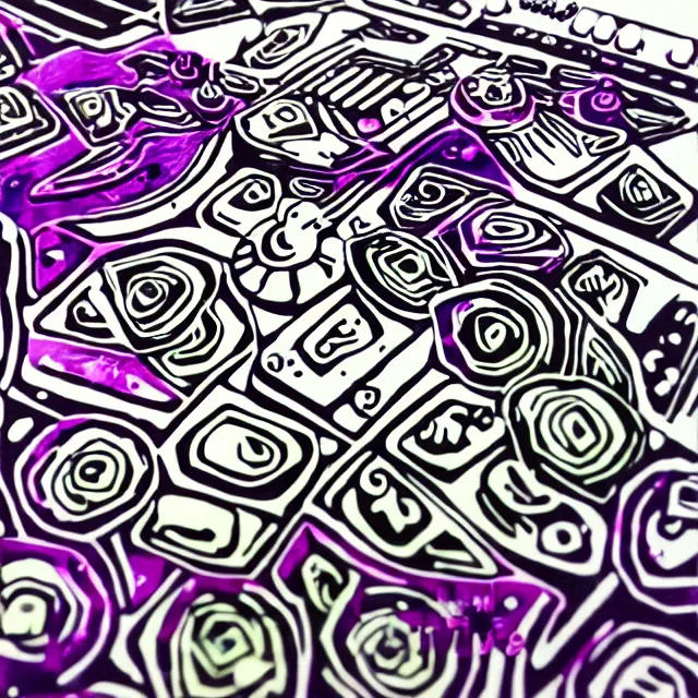 Image similar to psychodelic linocut of an Akai MPC 60 drum pads knobs