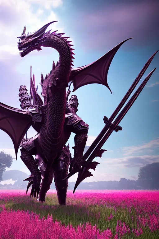 Image similar to high quality 3 d neo - gothic armored human dragon hybrid with sword in a field of pink flowers, highly detailed unreal engine, vitaly bulgarov dramatic dark teal light, ground angle hd 8 k, sharp focus