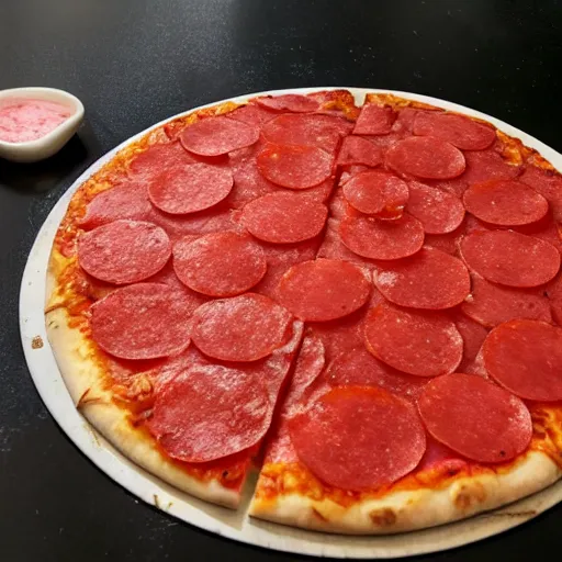 Prompt: a plain pepperoni pizza with pepto bismol sauce.