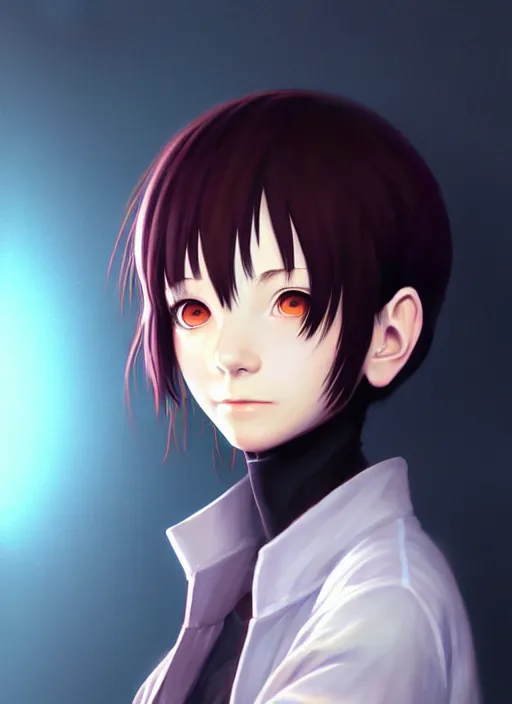 Image similar to a beautiful portrait painting of lain from serial experiments : lain. character design by shinji aramaki, charlie bowater, ross tran, artgerm, and makoto shinkai