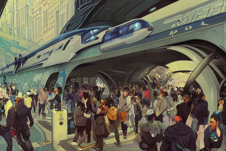 Prompt: subway mayhem as people rush to get on thespace shuttle, futuristic, sci fi, 1950, highly detailed, digital painting, artstation, concept art, smooth, sharp focus, illustration, art by alphonse mucha