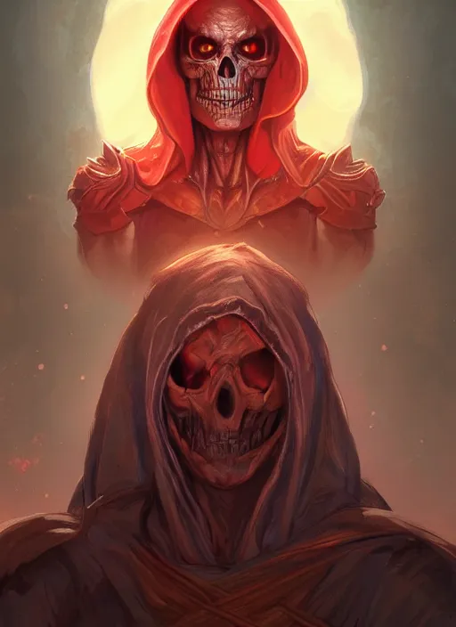 Prompt: portrait of skeletor, red glowing eyes, cloak, fantasy, extremely detailed, digital painting, artstation, concept art, smooth, sharp focus, illustration, stunning lighting, art by artgerm and alphonse mucha and simon stalenhag, realistic character concept, high fantasy, light atmosphere, golden ratio, cinematic