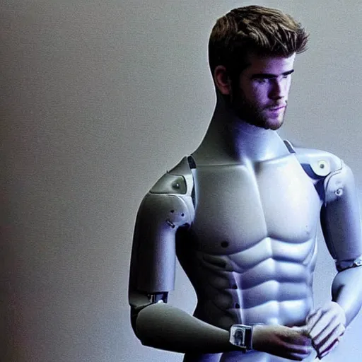 Image similar to “ a realistic detailed photo of a guy who is an attractive humanoid who is half robot and half humanoid, who is a male android, actor liam hemsworth, shiny skin, posing like a statue, blank stare, at the museum, on display ”