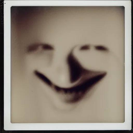 Image similar to Polaroid photography of a detached face smiling with crooked teeth in an old house