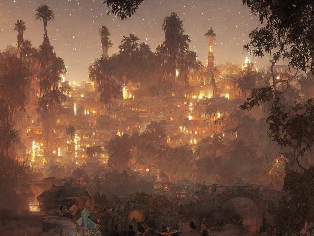 Image similar to a beautiful painting of the view from the river of the lantern festival in a an ancient egyptian city, at night with a sky full of stars, intricate, elegant, highly detailed, digital painting, artstation, concept art, by krenz cushart and artem demura and alphonse mucha