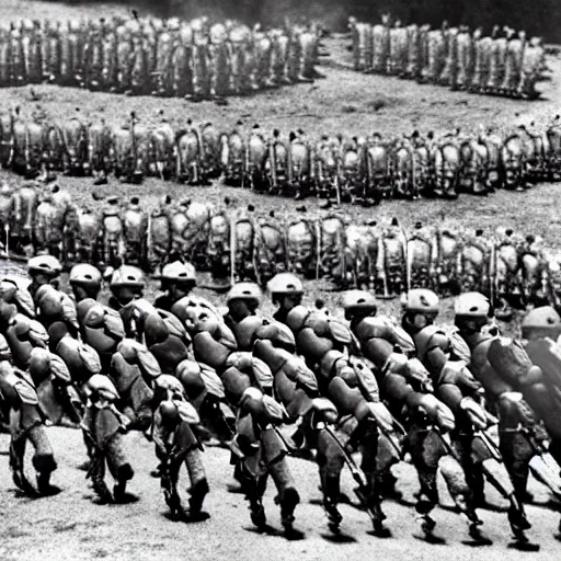 Image similar to cooked shrimp marching in formation, with bayonets, army uniforms