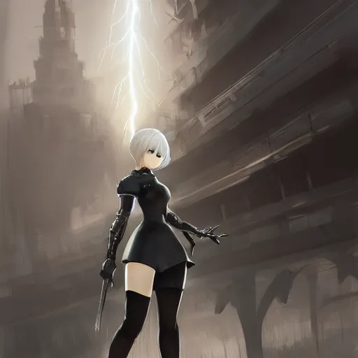 Prompt: a painting of 2 b nier automata. by randolph hewton and edward robert hughes. trending on artstation, highly detailed, volumetric lightning, cinematic lightning