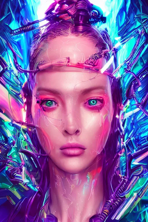 Prompt: a super realistic young woman, cyborg, magical, cyberpunk, windblown, intricate, synthwave, retrowave, colorful, vibrant, highly-detailed, elegant, dramatic lighting, gorgeous face, lifelike, photorealistic face, long luxurious intricate gown, digital painting, artstation, illustration, concept art, smooth, sharp focus, art by Jude Palencar, John Collier, artgerm, and Albert Aublet and Krenz Cushart and Artem Demura and Alphonse Mucha