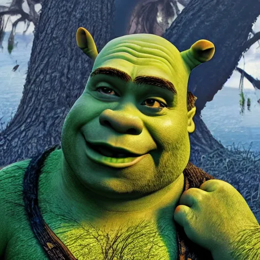 Image similar to shrek really upset and crying lots, with a swamp behind him