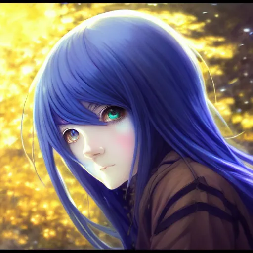 Image similar to attractive long blue - haired girl with bangs gothic anime character with amber eye color gold, fantasy, screenshot, anime, sharp focus, intricate, illustration, cell shaded, digital painting, highly detailed, concept art, matte, art by ilya kuvshinov and kyoto animation and wlop, and greg rutkowski, studio quality, james jean, artem demura