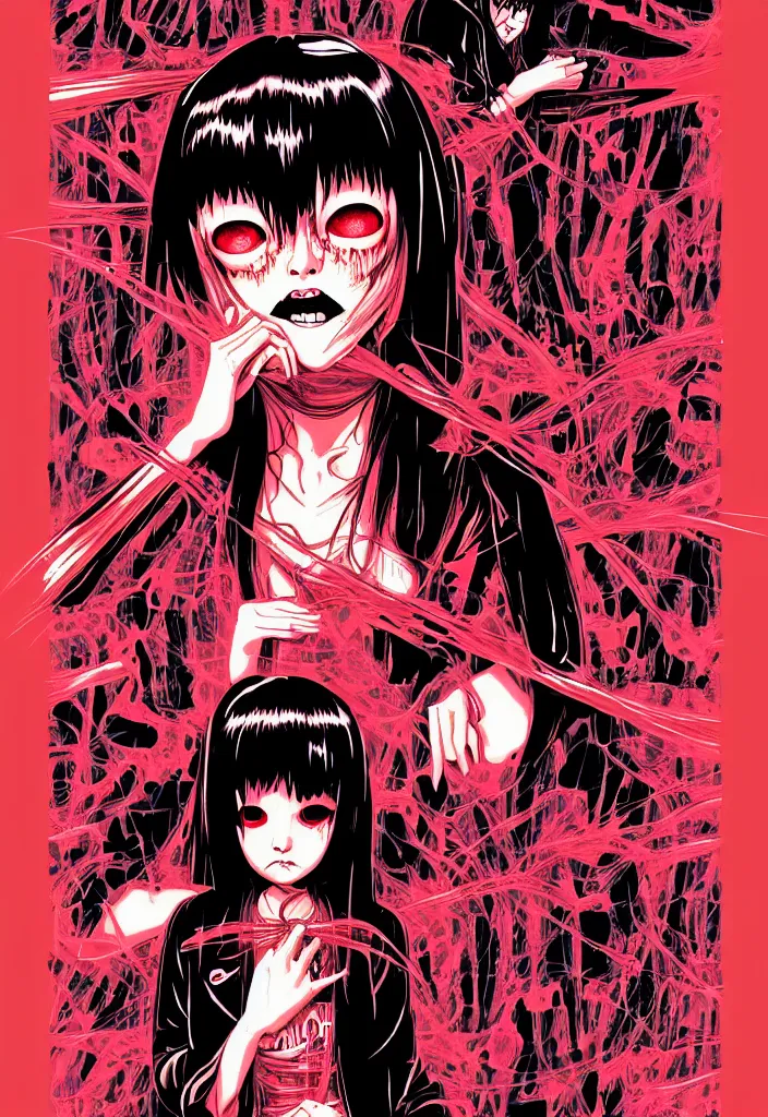 Prompt: a comic book style japanese horror poster of vampire girl with large eyes by dan mumford, yusuke murata and junji ito, blood lines, yokai, shinigami, eyes, shurikens, kanji, synthwave, 8k, unreal engine, trending on artstation, pixiv, intricate details, volumetric lighting