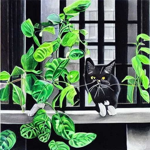 Prompt: “ a beautiful painting of a black cat playing with a ball in a balcony overgrown with plants ”