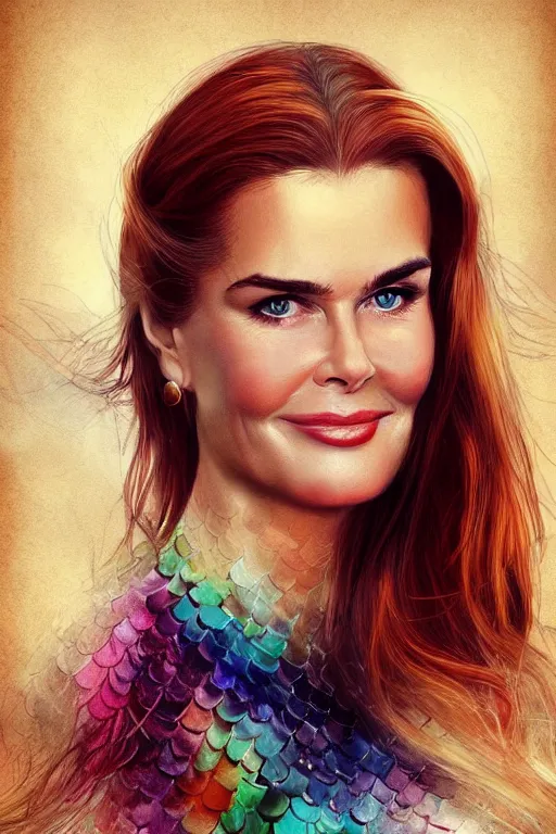 Image similar to portrait of a mix of beautiful young maria shriver, mariel hemmingway, brooke shields, nicole kidman and elle macpherson as a mermaid, thin lips, hair tied up in a pony tail, colorful artstation, cgsociety