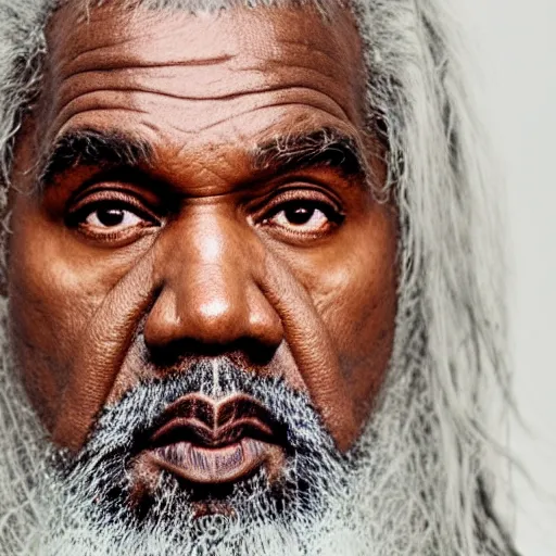 Image similar to the face of gandalf kanye west at 6 6 years old, portrait by julia cameron, chiaroscuro lighting, shallow depth of field, 8 0 mm, f 1. 8