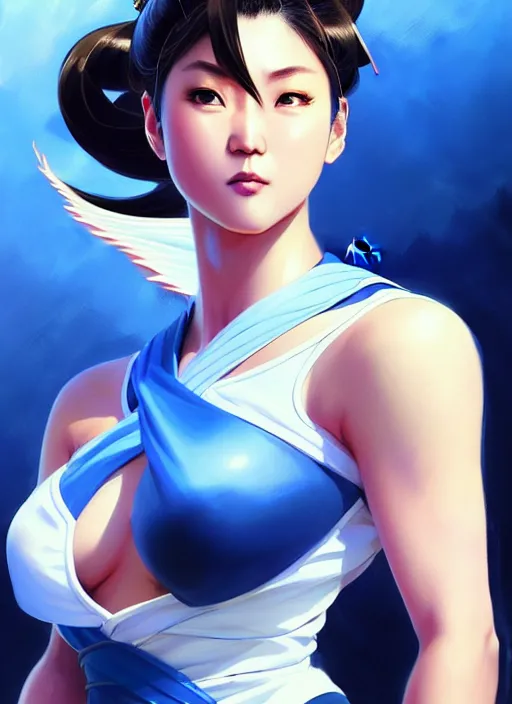 Image similar to a comic portrait of chun - li, fine - face, realistic shaded perfect face, fine details. blue - ish cosmic setting. very anime style. realistic shaded lighting poster by ilya kuvshinov katsuhiro, raden saleh, basuki abdullah, jeremy lipkin and michael garmash, rob rey and kentaro miura style, trending on art station