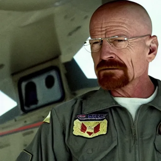 Prompt: still of Walter White as a soldier in the movie Top Gun: Maverick (2022)