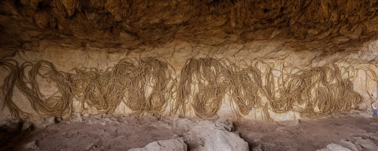 Image similar to wide shot paintings on a cave wall that feature spaghetti, archaic, fine detail