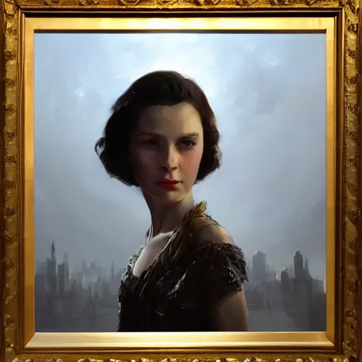 Image similar to portrait of a young vivian leigh, dramatic lighting, city background, night, moon, chiaroscuro, high detail, sharp, painted by greg rutkowski, painted by igor kieryluk, painted by bobby chiu, trending on artstation