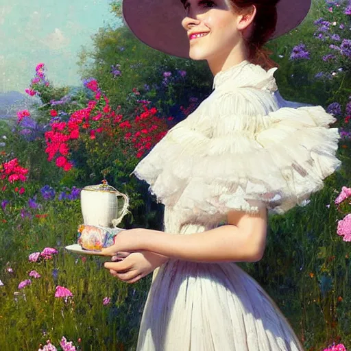 Prompt: thick paint brush strokes full body fashion model smiling emma watson by Jeremy Lipking by Hasui Kawase by Richard Schmid (((smokey eyes makeup eye shadow fantasy, glow, shimmer as victorian woman in a long white frilly lace dress and a large white hat having tea in a sunroom filled with flowers, roses and lush fern flowers ,intricate, night, highly detailed, dramatic lighting))) , high quality