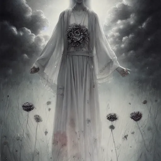 Prompt: By Tom Bagshaw, ultra realist soft painting of a flower field by night, long dress female, horror, omnious sky, symmetry accurate features, very intricate details, black and white, volumetric light clouds