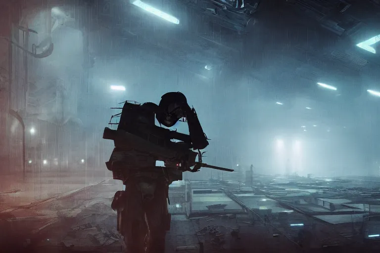 Image similar to Abandoned night hangar, dim blue light, foggy room, Several soldiers, laser sights on weapons, they are killed by a cyber woman, meat, blood, bones, spine, style Blade Runner, cinematic, volumetric light