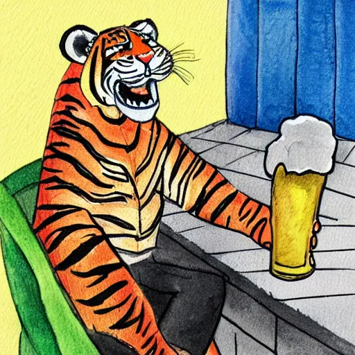 Prompt: an illustration of a tiger wearing a bucket hat drinking a beer at an outdoor bar in stockholm, children's book watercolor drawing