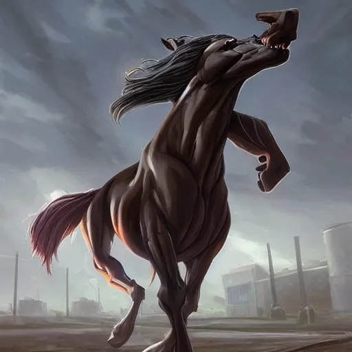 Image similar to a musclebound anthropomorphized horse with a magnificently muscular physique wearing a tight kevlar battle outfit standing guard at a facility, equine, anthro art, furaffinity, highly detailed, digital painting, artstation, sharp focus, game art, concept art, illustration, art by artgerm, greg rutkowski, wlop