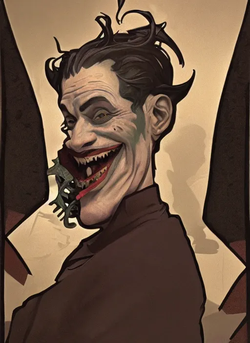 Image similar to a still of a Jewish caricature as the Joker, hooked nose with a convex nasal bridge and a downward turn of the tip of the nose, Gotham city, sigma male, accurately portrayed, portrait art by alphonse mucha and greg rutkowski, highly detailed, digital painting, concept art, illustration, dim lighting with twilight rays of sunlight, trending on artstation, very detailed, smooth, sharp focus, octane render, close up