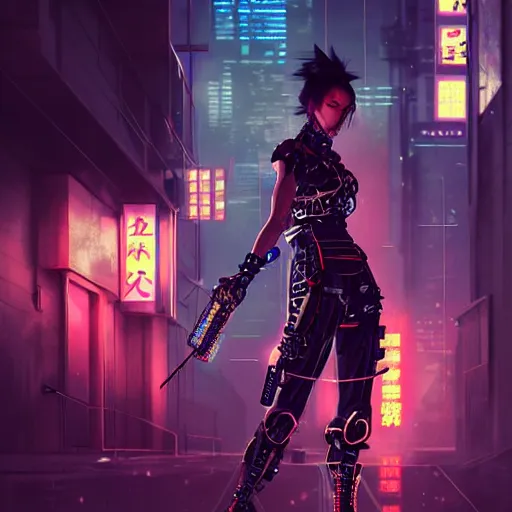 Prompt: candid action photo of a fierce dangerous female cyberpunk hacker samurai in neotokyo at night, futuristic cyberpunk tokyo night, sci - fi and fantasy, intricate and very beautiful, highly detailed, digital painting, artstation, concept art, smooth and sharp focus, illustration, art by tian zi and wlop and alphonse mucha