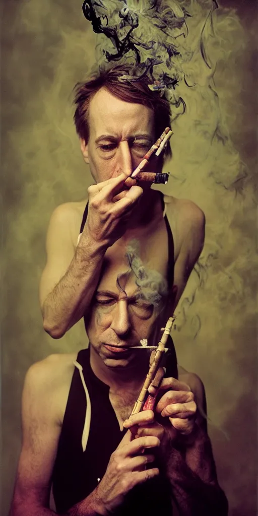 Prompt: award winning photo of john zorn smoking, vivid colors, scary, symmetrical face, beautiful eyes, studio lighting, wide shot art by Sally Mann & Arnold Newman