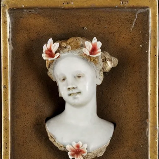 Image similar to a portrait of a beautiful woman sanitatem flores h 3 1 w 1 8 d 2 5 cm glazed stoneware, fragments 1 9 th century flower encrusted porcelain, like billie bond