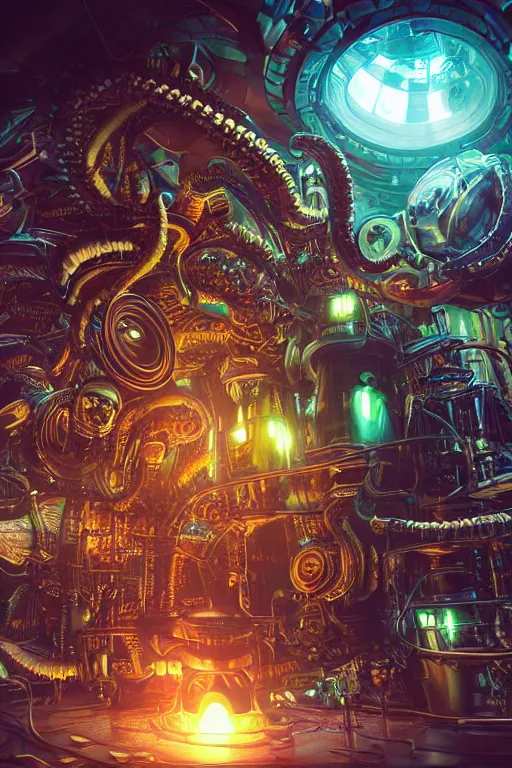 Image similar to portrait of humongous cyberpunk octopus inside a huge steampunk engine, symmetric, body full glowing vacuum tubes, realistic digital art, 3 d render of futuristic steampunk generators, 8 k, fluorescent colors, halluzinogenic, multicolored, exaggerated detailed, unreal engine