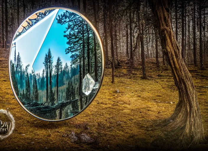 Prompt: photo of a crystal mirror that is a portal to a barren!! world. Forest in the background. Fantasy magic style. Highly detailed 8k. Intricate. Nikon d850 55mm. Award winning photography.
