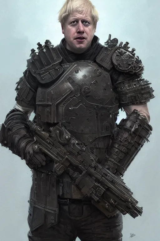 Image similar to Boris Johnson as Punisher, armor plate, realistic portrait, symmetrical, highly detailed, digital painting, artstation, concept art, smooth, sharp focus, illustration, cinematic lighting, art by artgerm and greg rutkowski and alphonse mucha