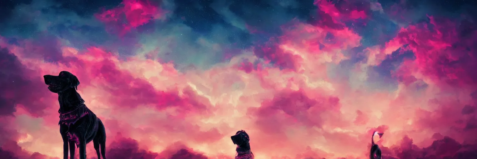 Image similar to hyperdetailed illustration, portrait big dark dog, mohawk, stars, pink, pirate neon ship, neon, oil painting, rich deep colors masterpiece, ultra detailed, contrast, heaven pink, clouds, volumetric light, atmospheric lighting, dramatic, cinematic, moody, octane render 4 k, 8 k