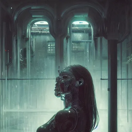 Image similar to detailed portrait of a biomechanical woman, moment, cyberpunk cloisters, electronic billboards, tech noir, wet reflections, atmospheric, ambient, livia prima, greg rutkowski, edward hopper, pj crook