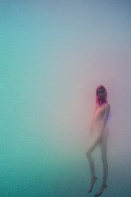 Image similar to high quality pastel coloured film close up wide angle photograph of a model wearing clothing swimming on cloud furniture in a icelandic black rock!! environment in a partially haze filled dreamstate world. three point light, rainbow. photographic production. art directed. pastel colours. volumetric clouds. pastel gradient overlay. waves glitch artefacts. extreme facial clarity. 8 k. filmic.