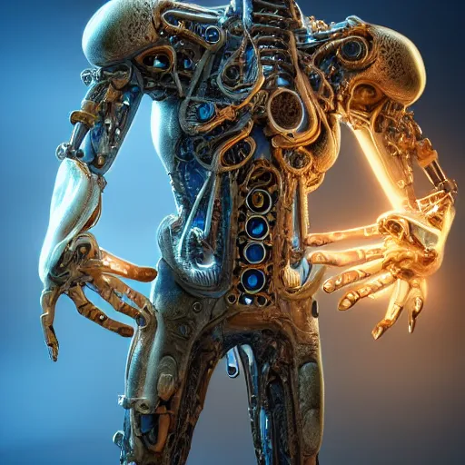 Image similar to tim cook. pointing his finger in the air. mythical organic biomechanical man. futuristic. blue blurry background. highly detailed, intricate steampunk ornate, poetic, 3 d render, digital art, octane render, 8 k artistic photography, photorealistic.