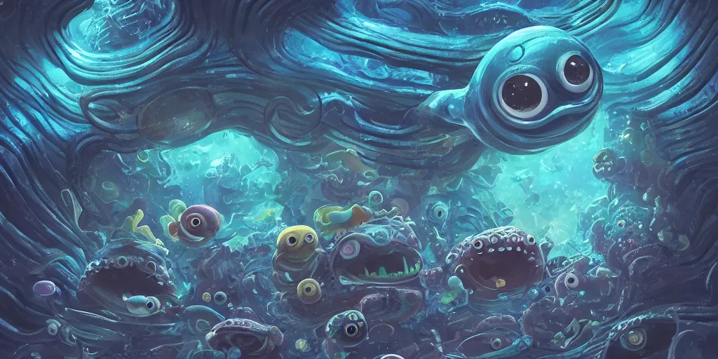 Image similar to of an intricate deep sea with strange cute friendly happy creatures with huge eyes, mouth, long tongue, round teeth and goofy face, appearing from the background, in the style of gehry and gaudi, macro lens, shallow depth of field, ultra detailed, digital painting, trending artstation, concept art, illustration, cinematic lighting, photorealism, epic, octane render