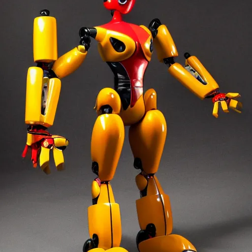 Prompt: a muscular yellow and red humanoid robot with large horns. It has a gun in one hand and a knife in the other