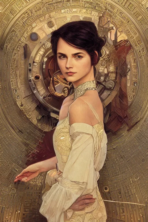 Image similar to portrait of mr who, his time machine is in the background, m, intricate, elegant, highly detailed, digital painting, artstation, concept art, smooth, sharp, focus, illustration, art by artgerm and greg rutkowski and alphonse mucha