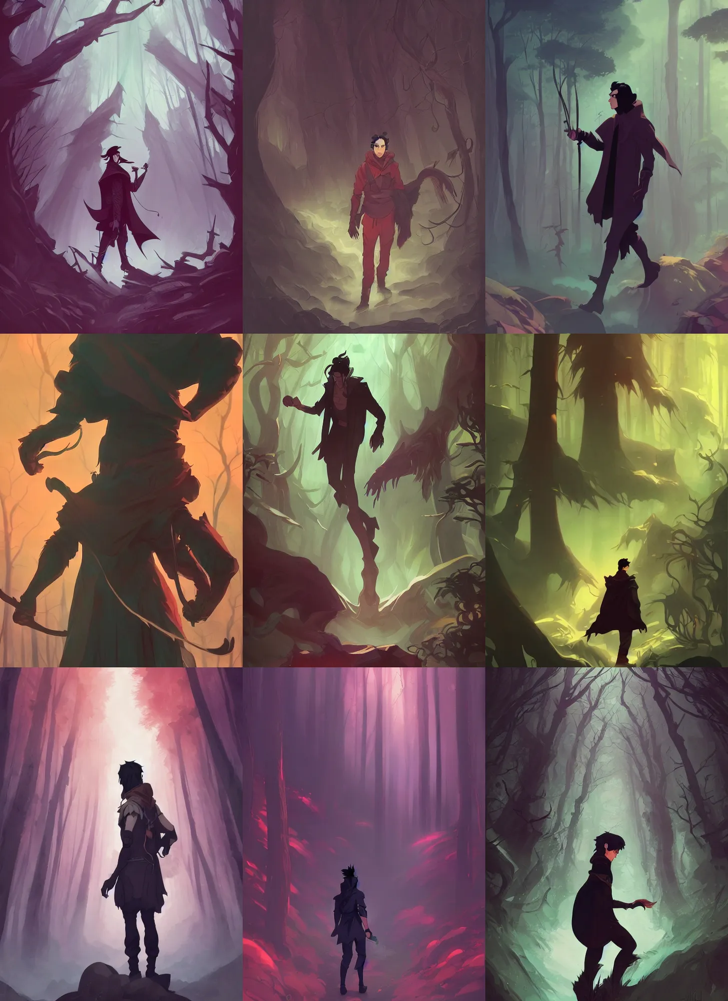 Prompt: black haired beautiful male mage walking on in a fantasy forest, atmospheric, in the style of artgerm, gerald brom, atey ghailan and mike mignola, vibrant colors and hard shadows and strong rim light, comic cover art, trending on artstation
